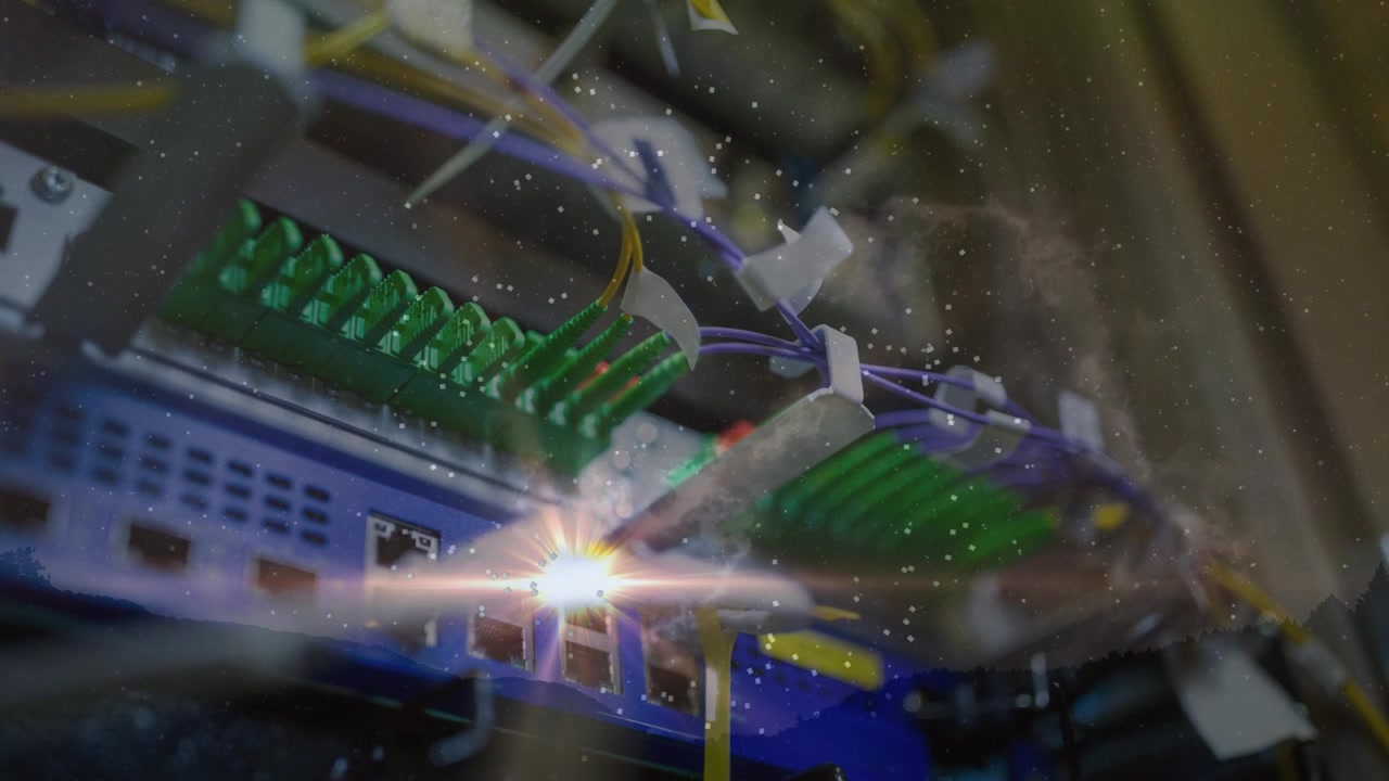 Animation of lights and dots floating over computer wires