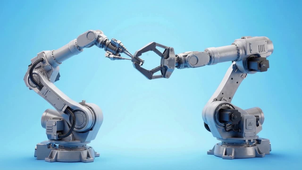 To industrielle robotarme vender mod hinanden og udfører præcise, automatiserede fremstillingsbevægelser.