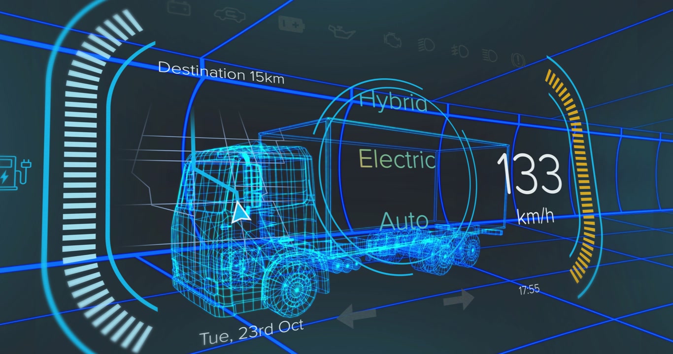 HUD highlighting Hybrid, 3D truck accelerating, switching modes, guiding toward 15 km destination