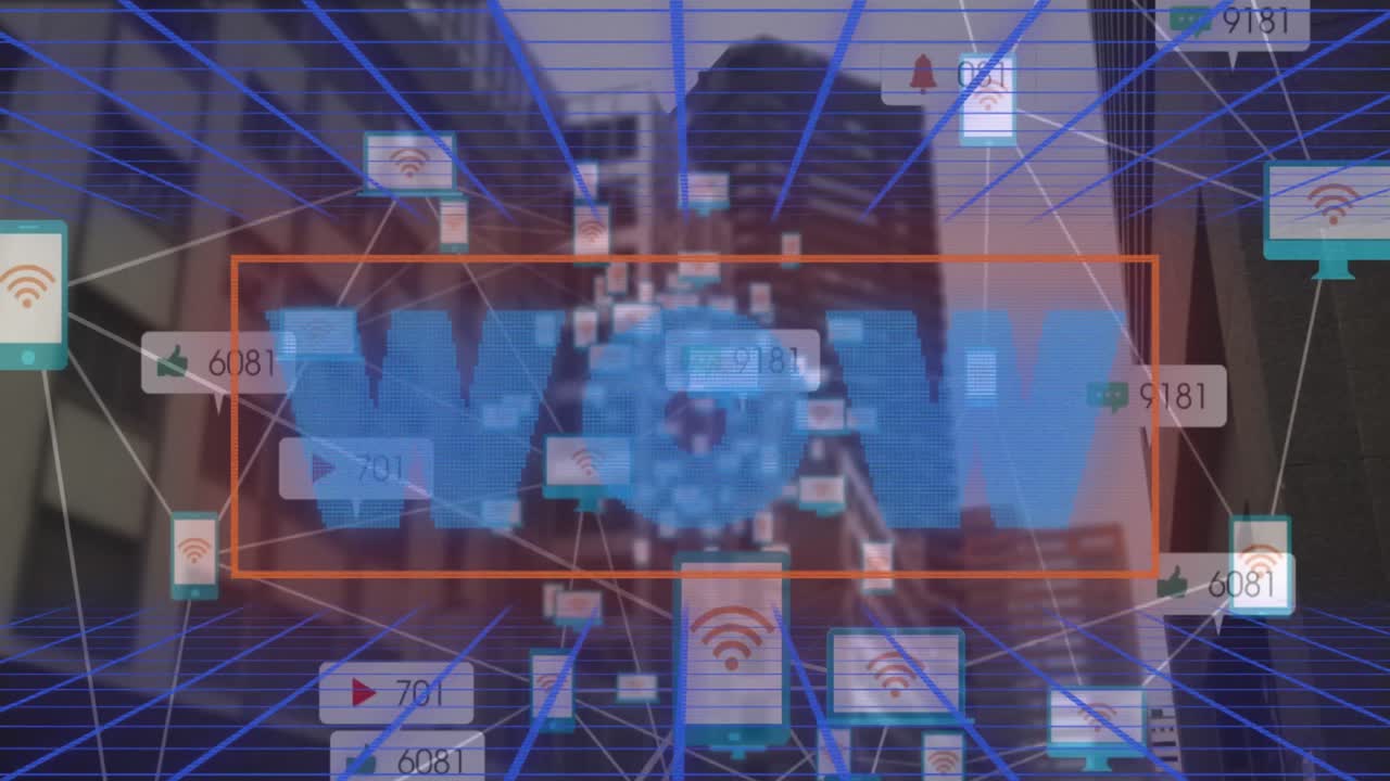 도시 풍경 위에서 성장하는 와우 텍스트와 숫자의 애니메이션