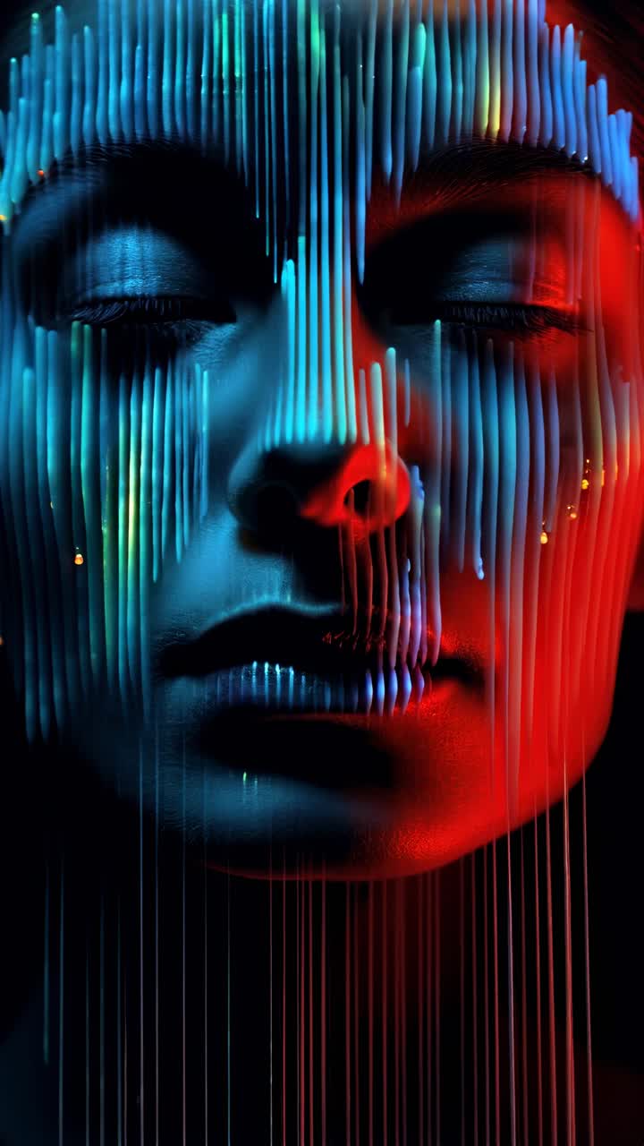 Concetto video in primo piano e frontale, con vivaci luci al neon fluide su un viso sereno.