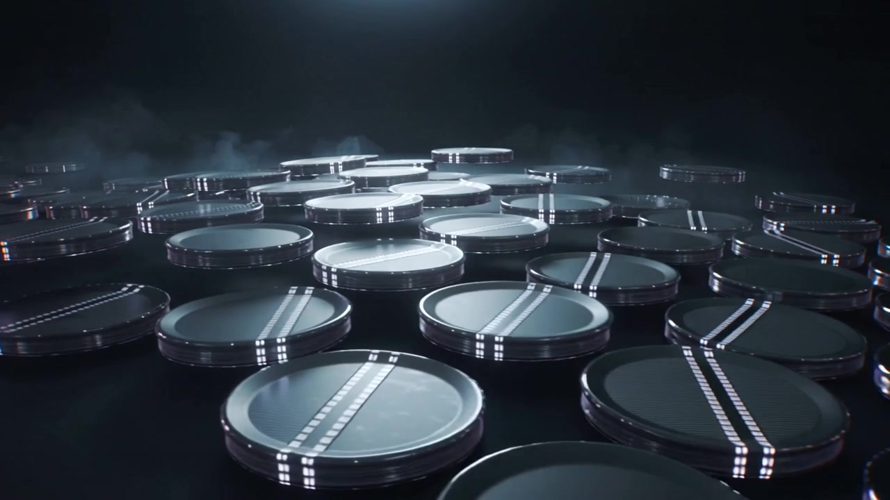 Advancing camera revealing metal discs on dark floor to show detail, spotlight catching glints, fog