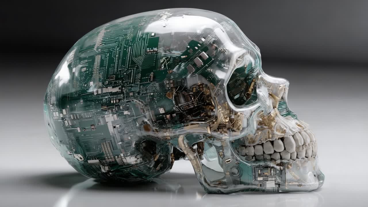 Futuristic Skull Sculpture Merging Technology and Art - A Transparent Glass Creation Filled with Circuitry, Symbolizing the Intersection of Humanity and Artificial Intelligence