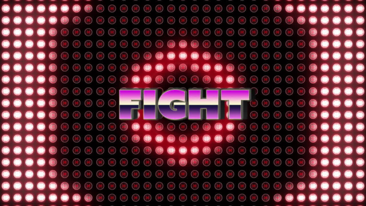 "Fight" -tekstin ja valaistujen kuusikulmioiden animaatio valoissa mustaa taustaa vasten.
