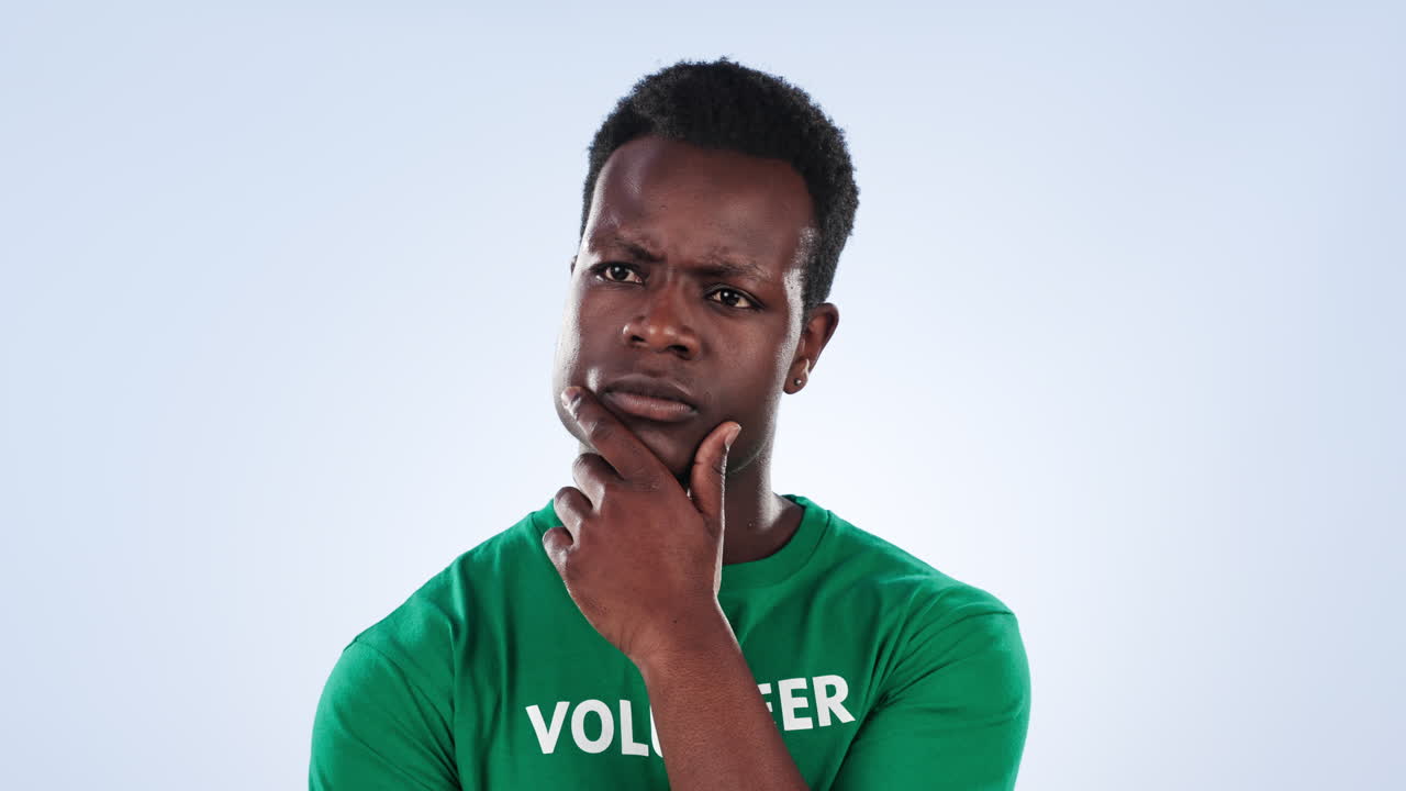 Thinking face, black man and volunteer idea