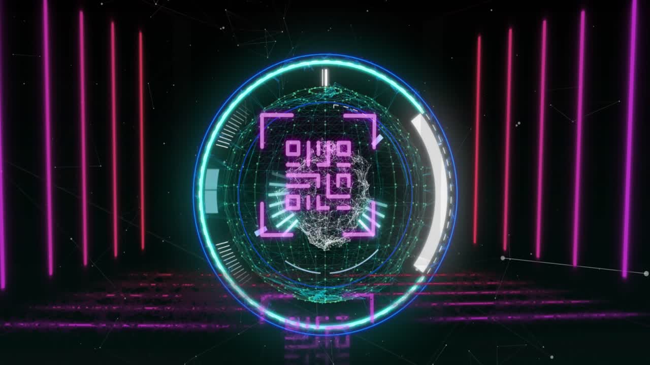 검은 바탕에 스 ⁇  스캐닝에 대한 선과 함께 네온 qr 코드의 애니메이션