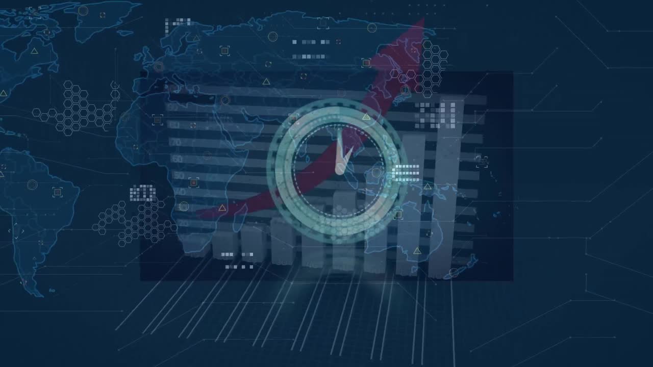 Animazione di una mappa del mondo su un orologio e elaborazione di dati su sfondo blu.