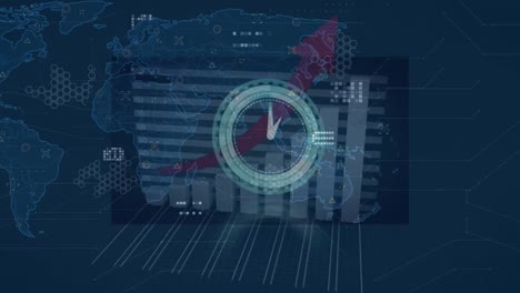 animación del mapa del mundo sobre el reloj y procesamiento de datos sobre fondo azul