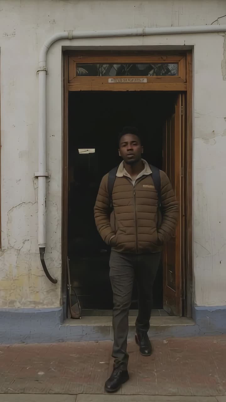 Vidéo verticale : un homme en manteau marron sort d’une porte et marche vers la caméra avec un pack