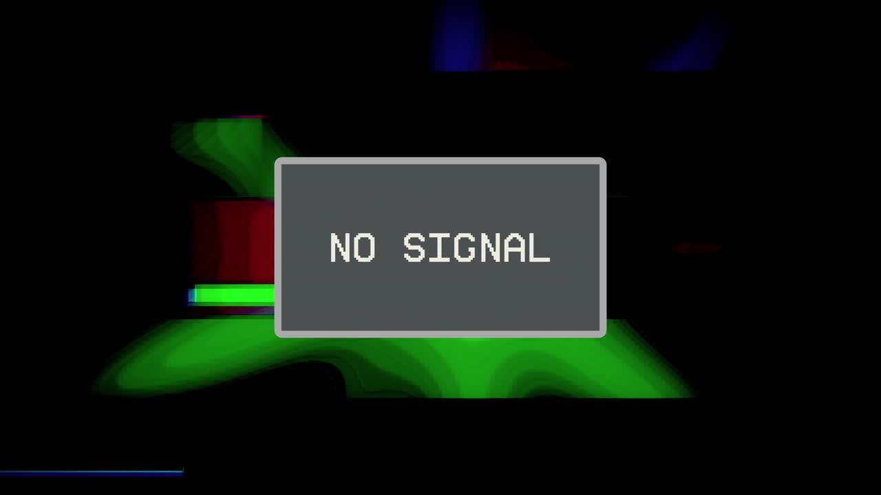 Intentional distortion and glitch effect, a TV screen with a flashing boxed text: no signal