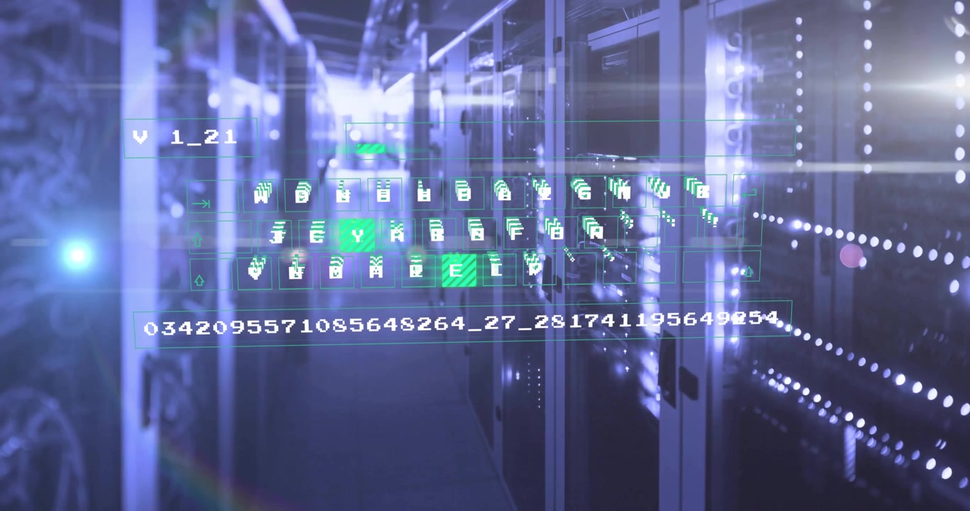 Server cabinets lining corridor glowing with LED lights, showing digital code overlay in 3D render