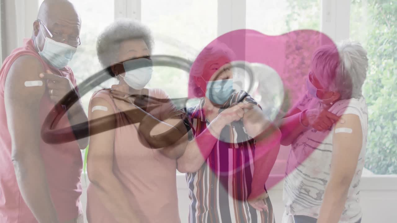 얼굴 마스크를 착용 한 노인 다양한 사람들 위에 스테토스코프와 심장의 애니메이션