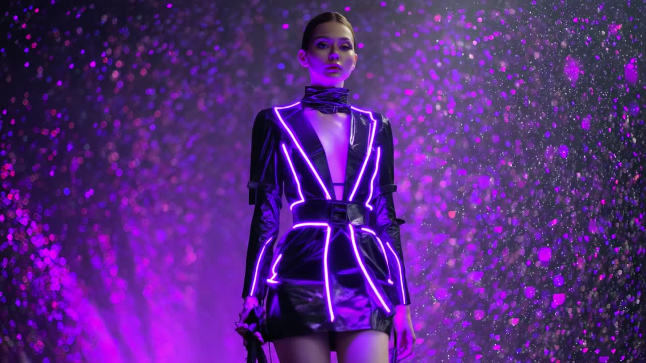 A stunning model showcases an avant-garde fashion design illuminated by mesmerizing neon lights, strutting confidently down the runway amidst a vibrant spectacle of colorful, sparkling particles in the air