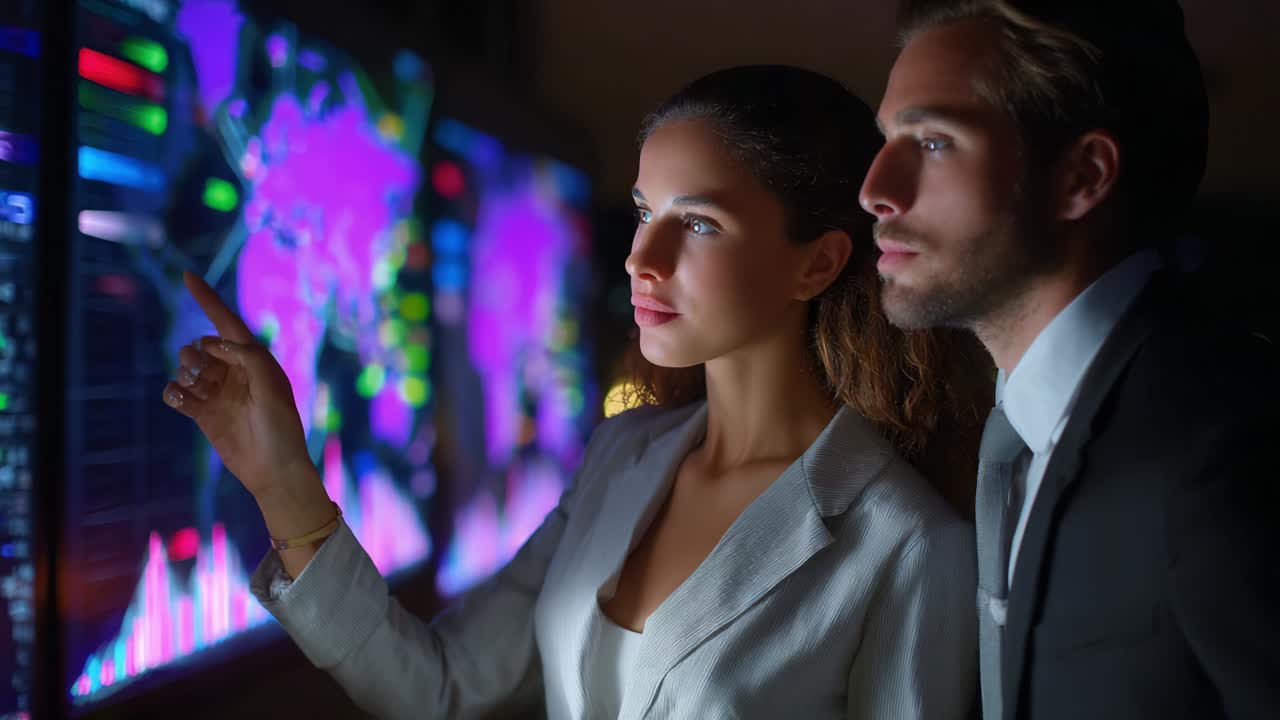 Esplorazione di approfondimenti sui dati finanziari: una coppia di professionisti aziendali che analizzano grafici e tendenze su monitor digitali in un sofisticato ambiente aziendale