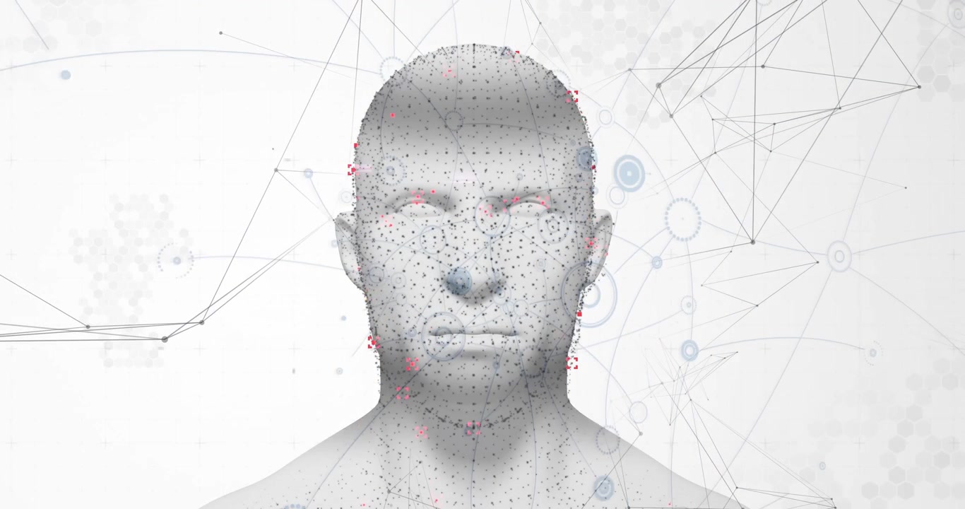 Starting from faint net dot face forming scanning bars crossing highlighting nodes mapping data