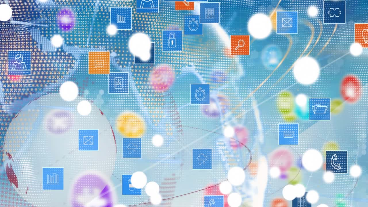 地球儀の上にメディアアイコンがアニメーションで表示される様子