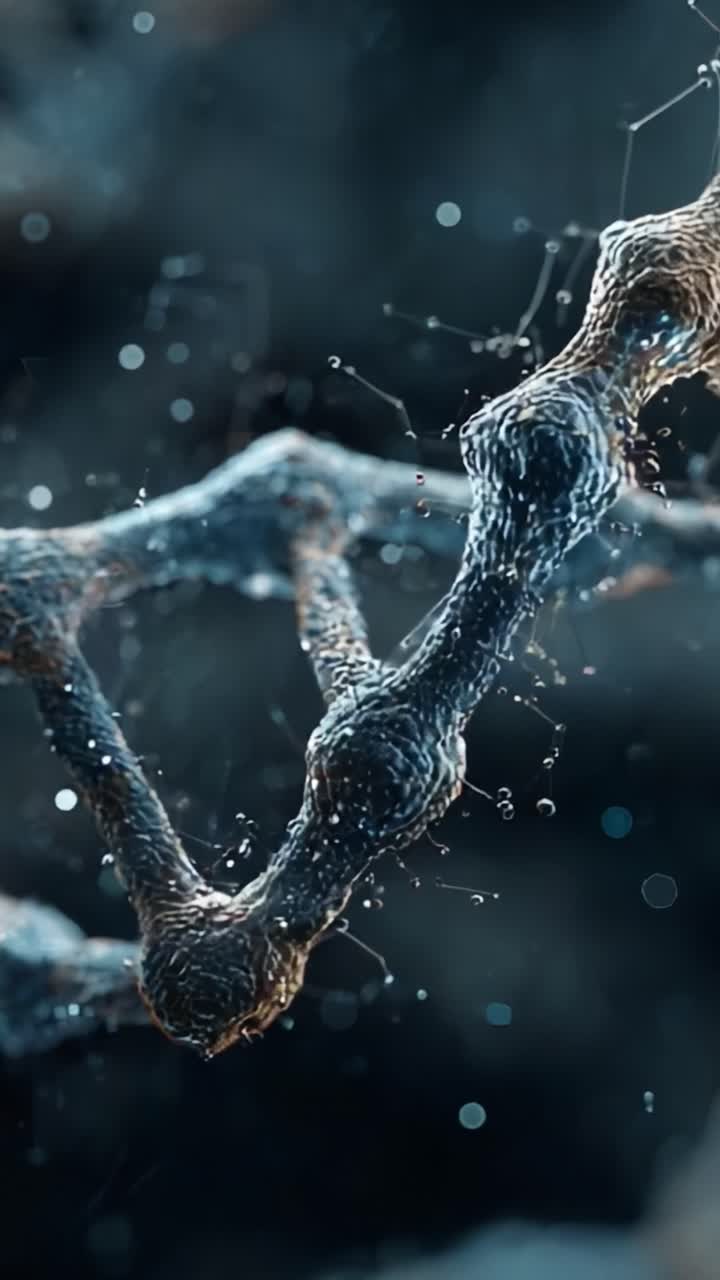 Intricate Molecular Structure: A Close-up Exploration of a DNA Helix with Detailed Textures and Fluid Dynamics Amidst a Microcosm of Particles