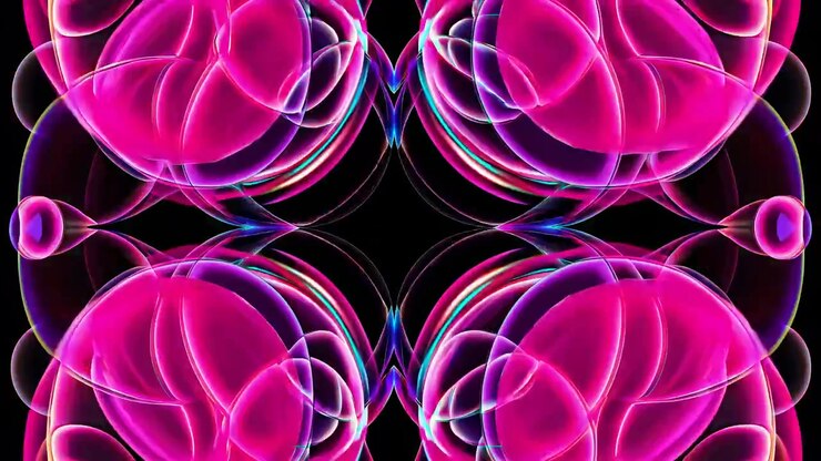Bolhas de Néon Abstratas Vibrantes Transformando-se em Padrão de Caleidoscópio Simétrico