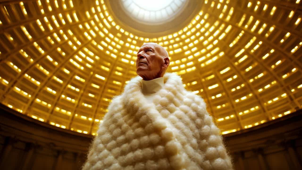 A Solemn Figure in a Golden Dome: An Elderly Man Wrapped in a Unique Woolen Cloak Stands Under a Stunning Light Structure, Evoking Wonder and Reflection on Life's Journey