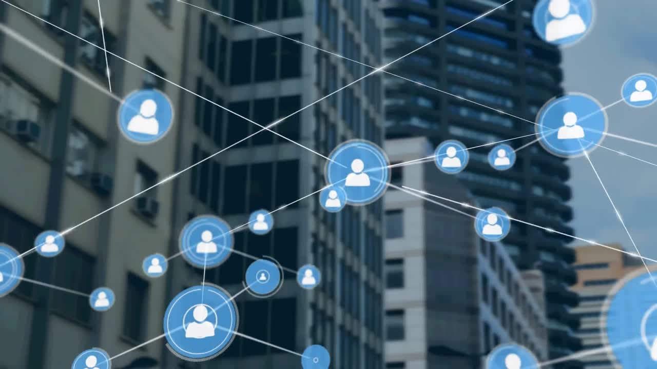 Animation of network of connections with icons over modern building