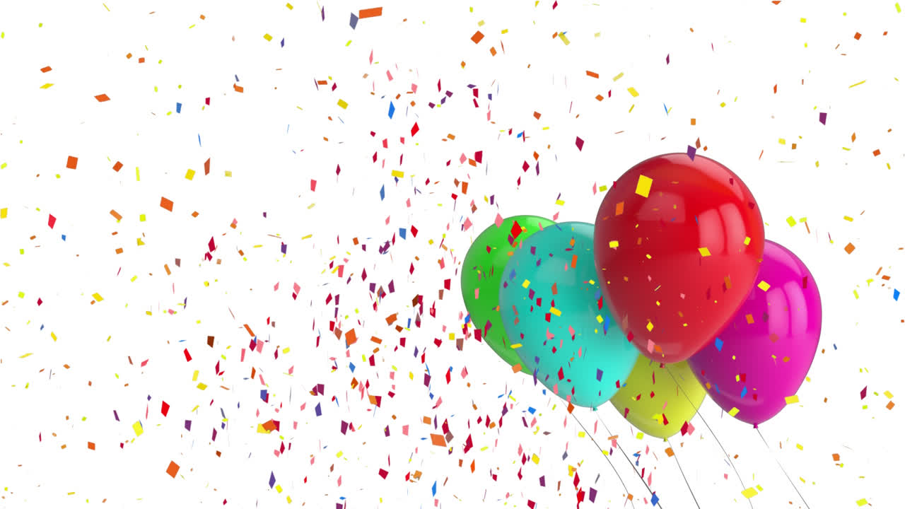 Animazione di coriandoli multicolori e palloncini su sfondo bianco