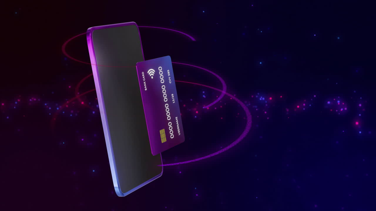 Animation of credit card and smartphone over black background