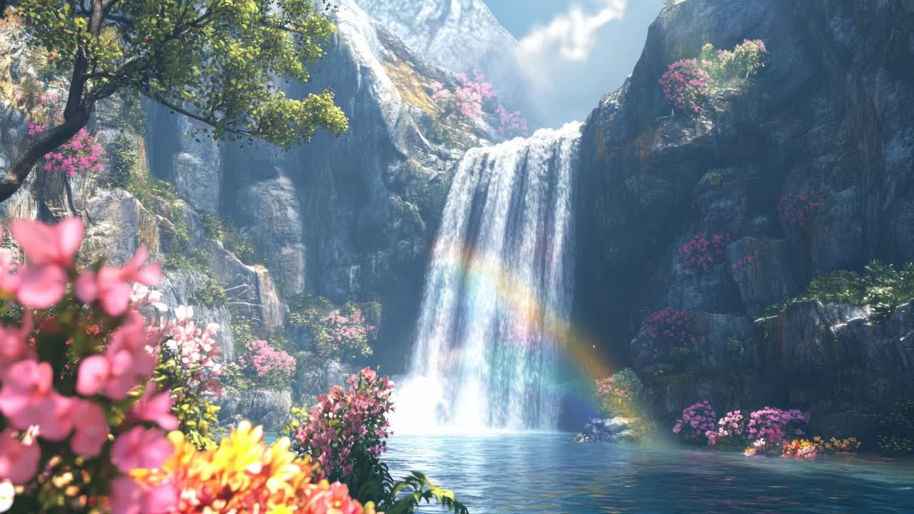 A breathtaking video scene of a waterfall with a rainbow, captured from a low angle