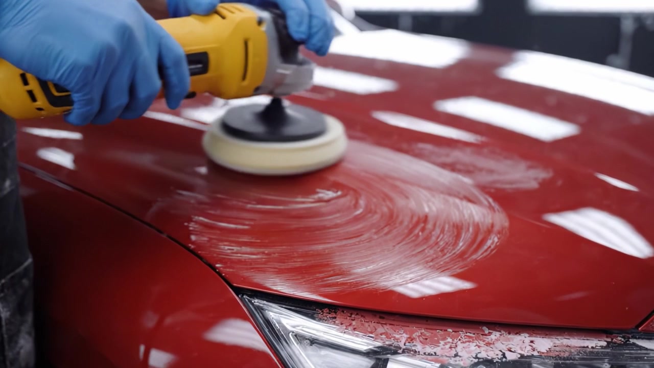 Professionelle Fahrzeugaufbereitung: Polieren und Aufbereiten eines roten Fahrzeugs, um ein Hochglanz-Finish zu erzielen und seinen Glanz perfekt wiederherzustellen