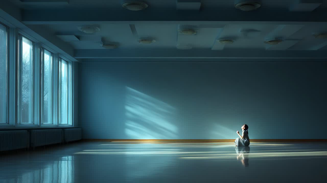 A solitary figure sits in a quiet, expansive room, illuminated by soft light streaming through large windows, evoking feelings of loneliness and introspection in a serene atmosphere