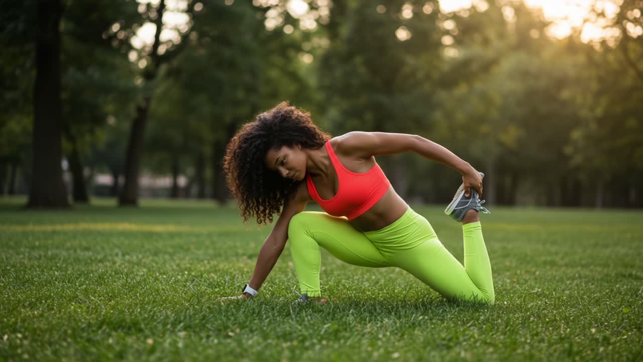Stretching in Nature: A Woman Engaged in a Dynamic Stretching Routine Amidst Lush Greenery at Sunset, Focusing on Flexibility and Wellness