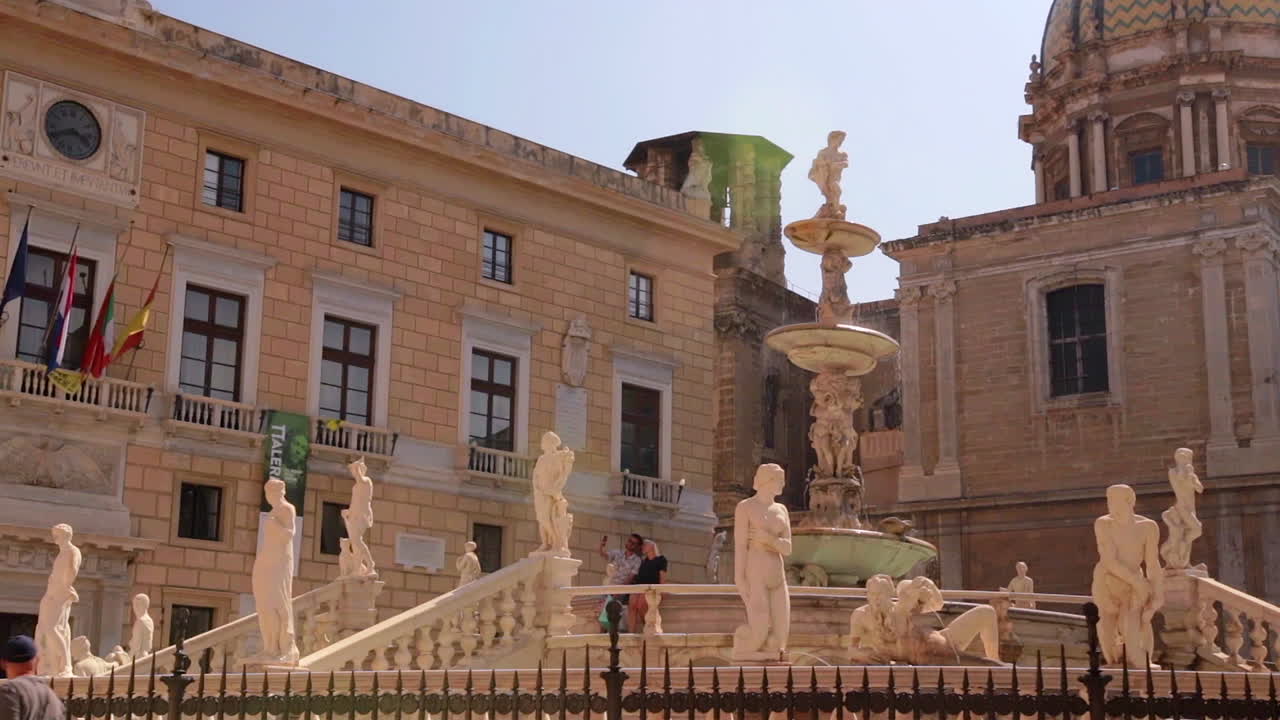Locked Off View Of Monumental Palermo Praetorian Fountain At Syracuse, Sicily