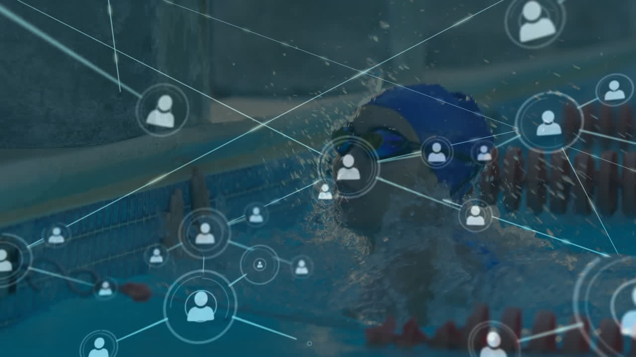 수영장에서 수영하는 여성 수영 선수에 대한 연결 아이콘의 네트워크