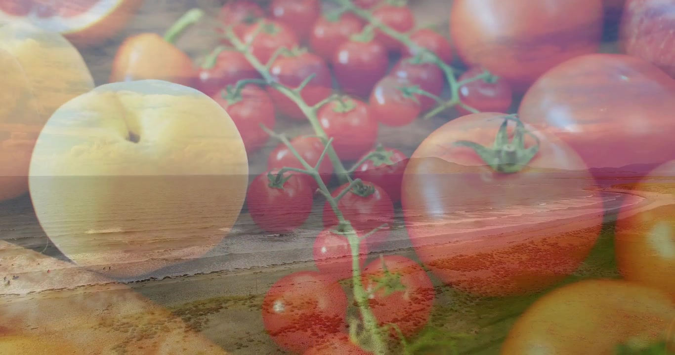 Pomodorini ciliegino al centro su un tagliere, con una dissolvenza incrociata che mostra onde che si riversano sui frutti per un'opera di food art.