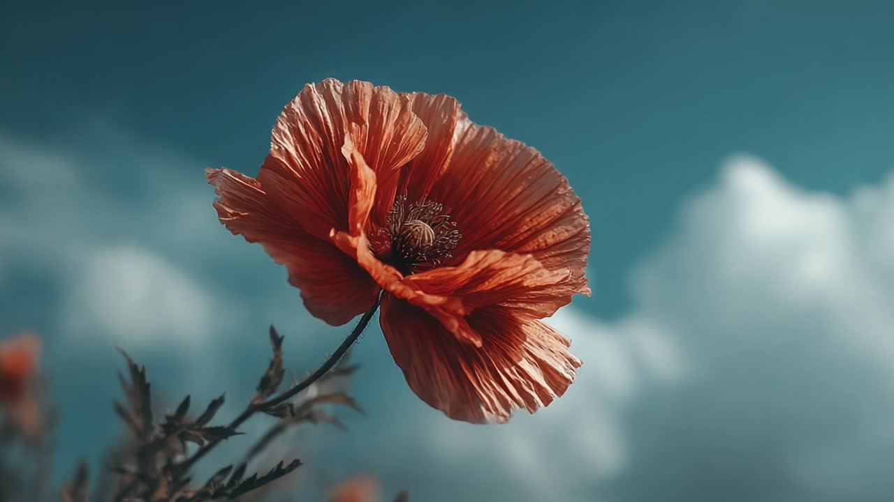 A Stunning Close-up of a Vibrant Orange Poppy Flower Against a Blue Sky with Fluffy Clouds, Capturing the Beauty of Nature in Perfect Detail and Color
