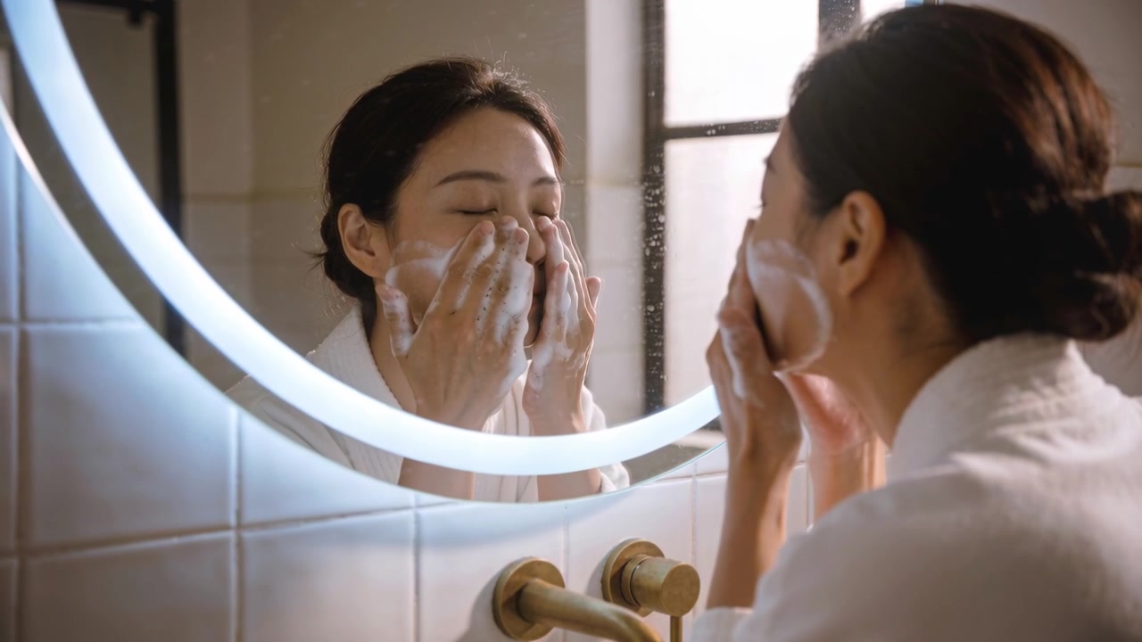 Applying cleanser, woman in white bathrobe massaging cheeks for skincare at vanity with lit mirror