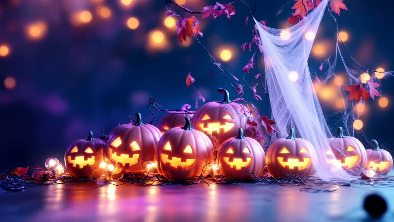 Low-angle shot of glowing jack-o'-lanterns with fairy lights and autumn leaves, creating a spooky