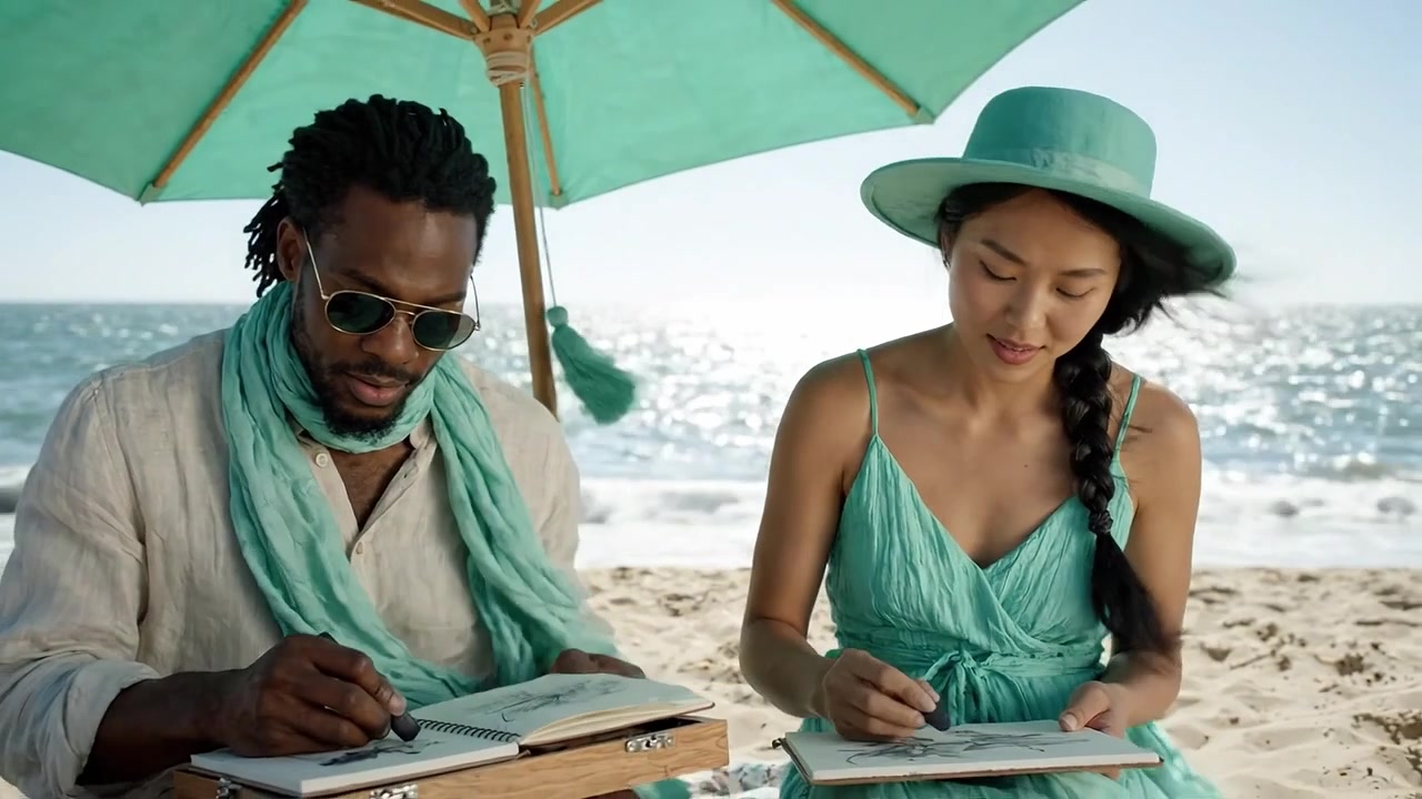 Creative Beach Day: Two Artists Enjoy the Sun While Painting Together Under a Stylish Umbrella, Capturing Inspiration Amidst Waves and Warmth