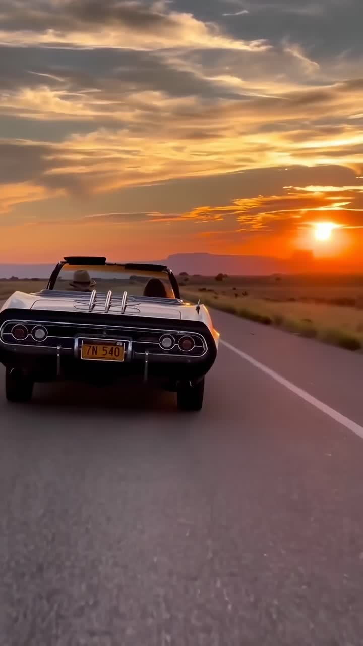 Vista posteriore di un'auto d'epoca che si dirige verso un tramonto, inquadratura dal basso, stile video cinematografico