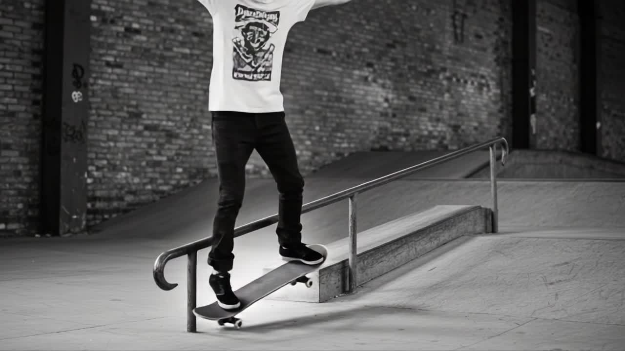 Dynamic Skateboarding Stunt: A Skilled Skater Performs an Impressive Grind on a Rail in an Urban Skate Park Setting