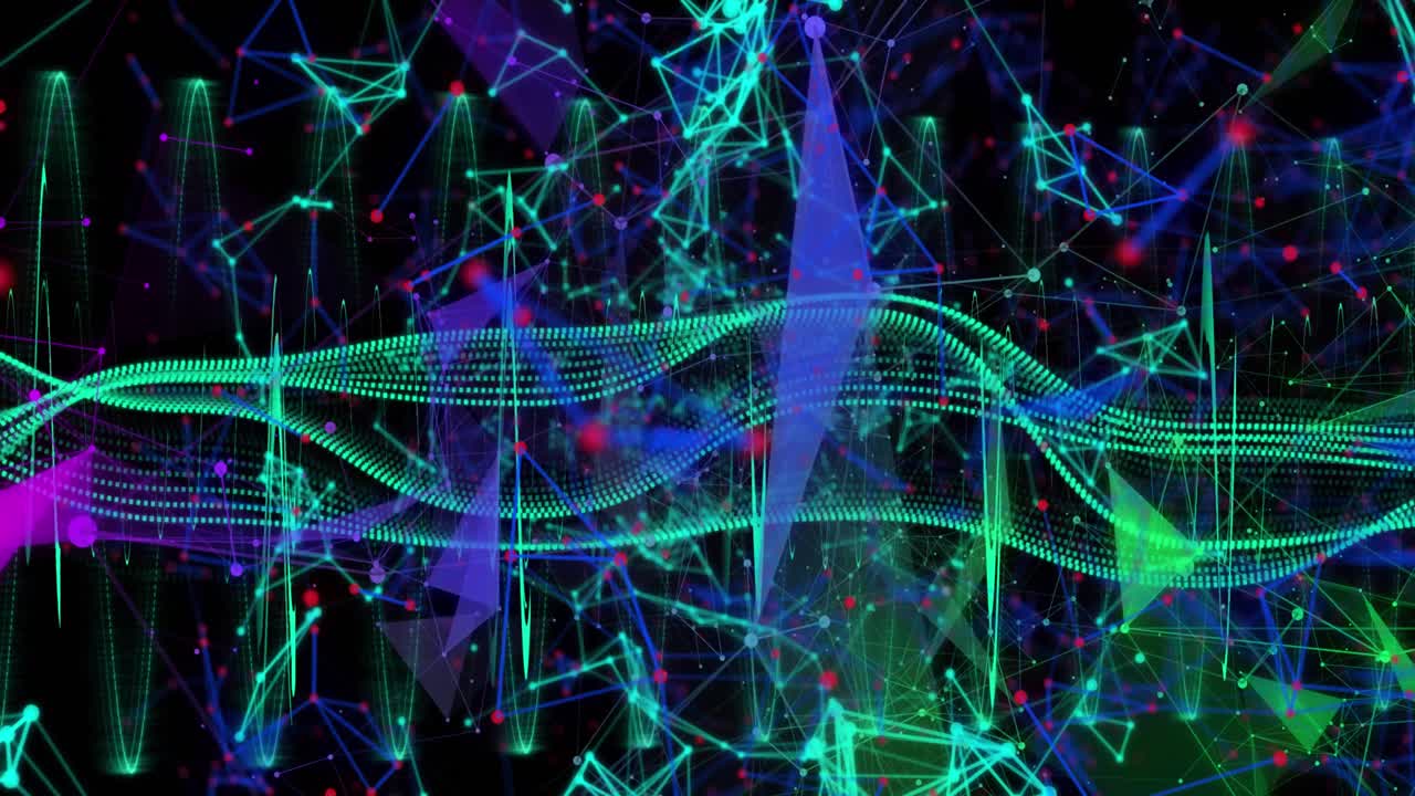 animación de formas azules y sobre líneas de puntos verdes y redes sobre fondo negro