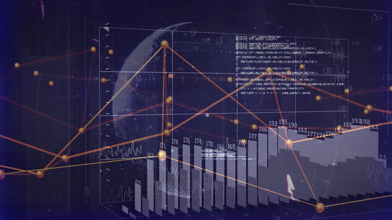 3D data visualization presenting globe with bar charts and glowing orange line graphs