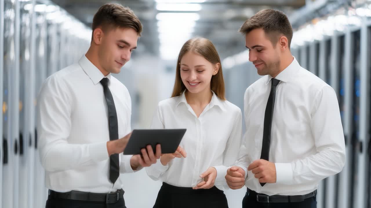 A Trio of Professionals Engaged in Discussion While Using a Tablet in a Modern Data Center Setting, Showcasing Collaboration and Technology in Action