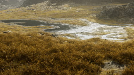 vista aérea de un valle cubierto de hierba con un lago en el fondo