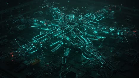 a detailed view of a futuristic technological structure with neon accents, showcasing advanced machinery and complex systems in dim lighting