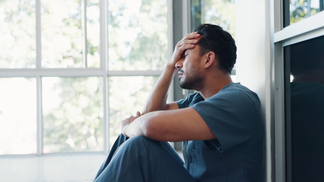 Nurse, stress or depression man on hospital floor