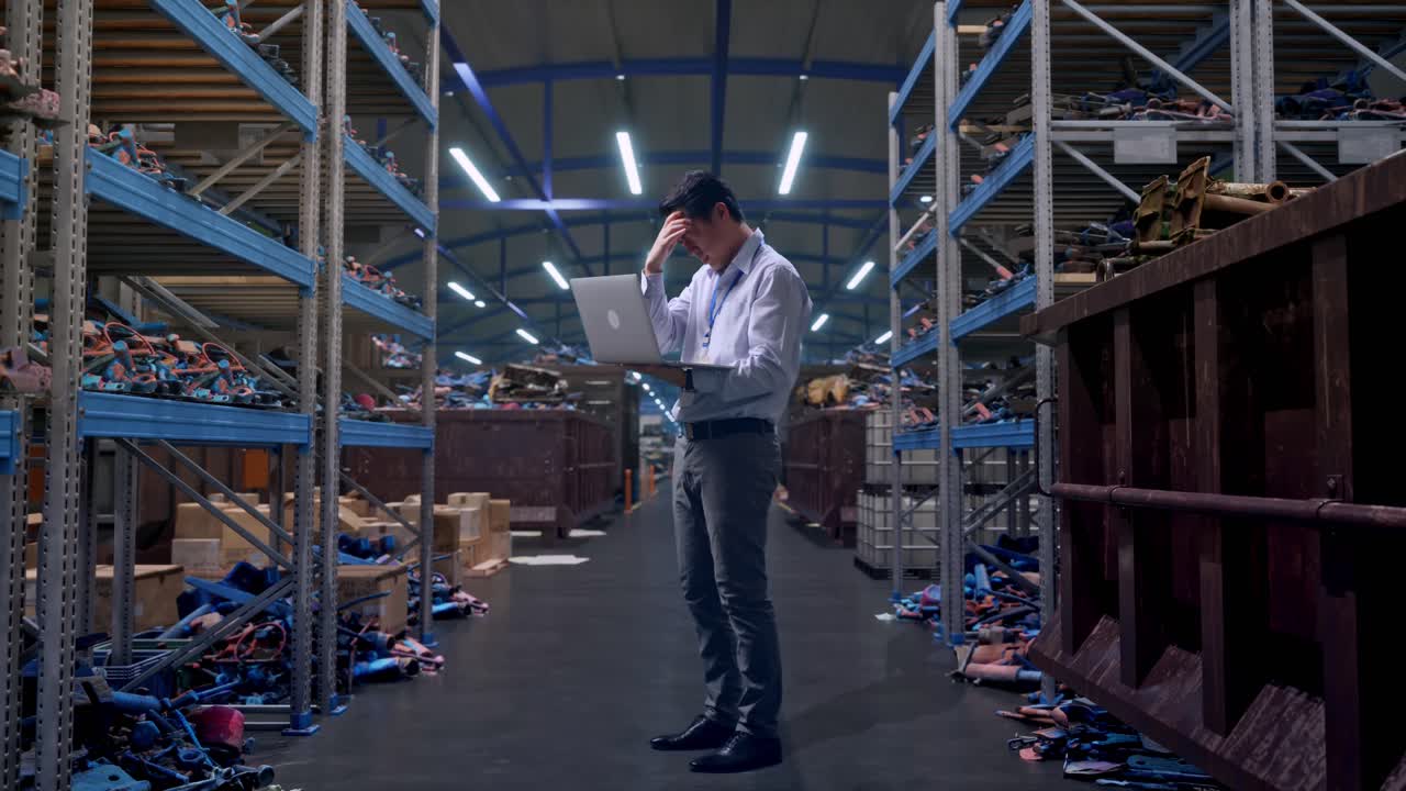 Vista laterale a figura intera di un lavoratore professionista maschio asiatico in piedi con il suo laptop, in un magazzino industriale di rottami metallici e riciclaggio, che digita e annuisce con la testa, deluso.