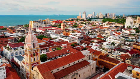 drone shot over the old historical town of cartagena de indias in colombia