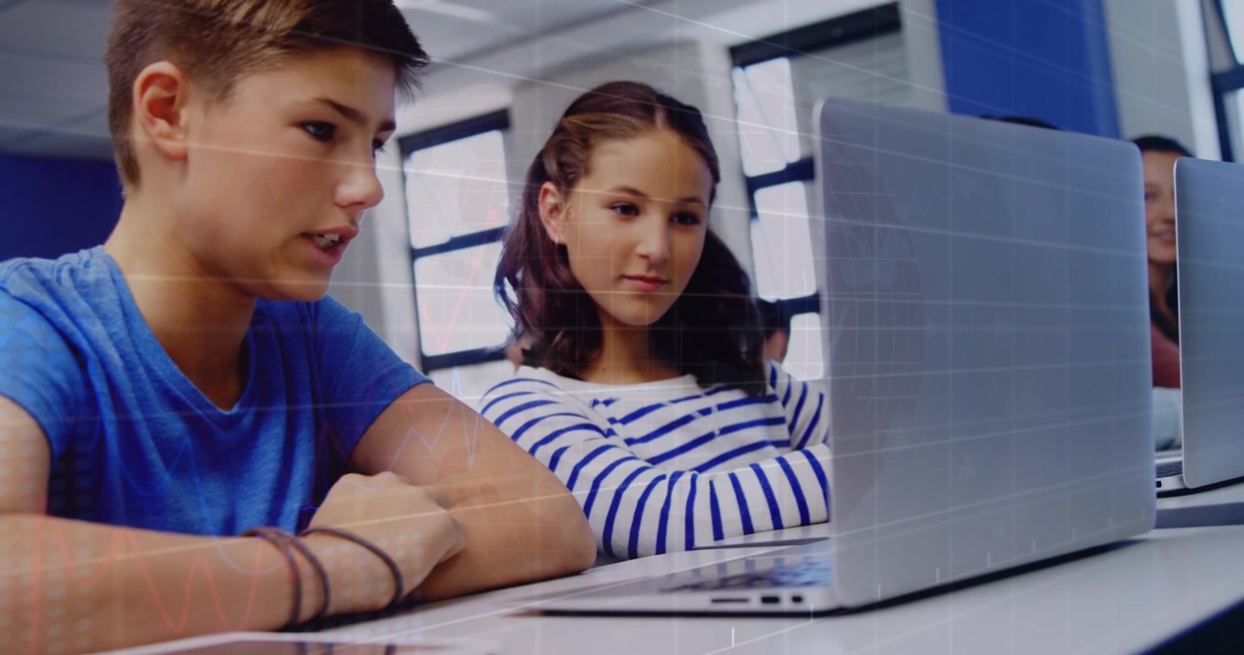 Animation of caucasian students studying using laptop in classroom over stock trading board