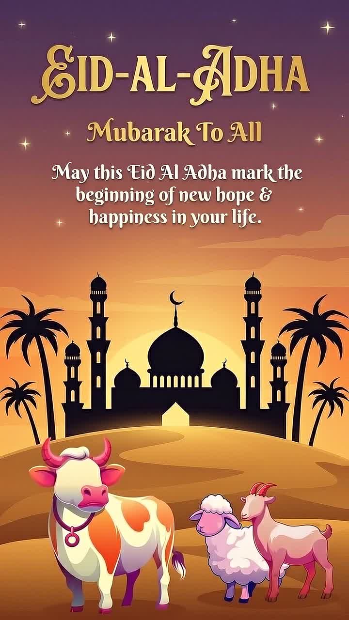 Animazione per storia di auguri dell'Eid al-Adha con silhouette di moschea, mucca, pecora e capra sotto un cielo serale luminoso su sfondo decorativo.