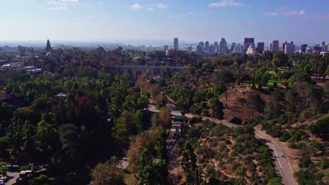 aerial panoramic view of balboa park area in san diego suburb california, suburban highway roads surrounded by urban green spaces and vegetation, cityscape and skyline with coronado bridge in horizon